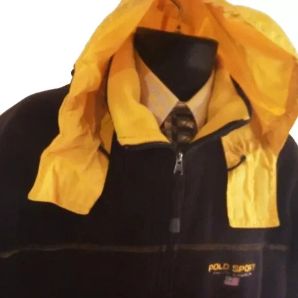 Men M Polo Sport Ralph Lauren Navy Yellow Polartec Thermal Fleece Zip Hood
